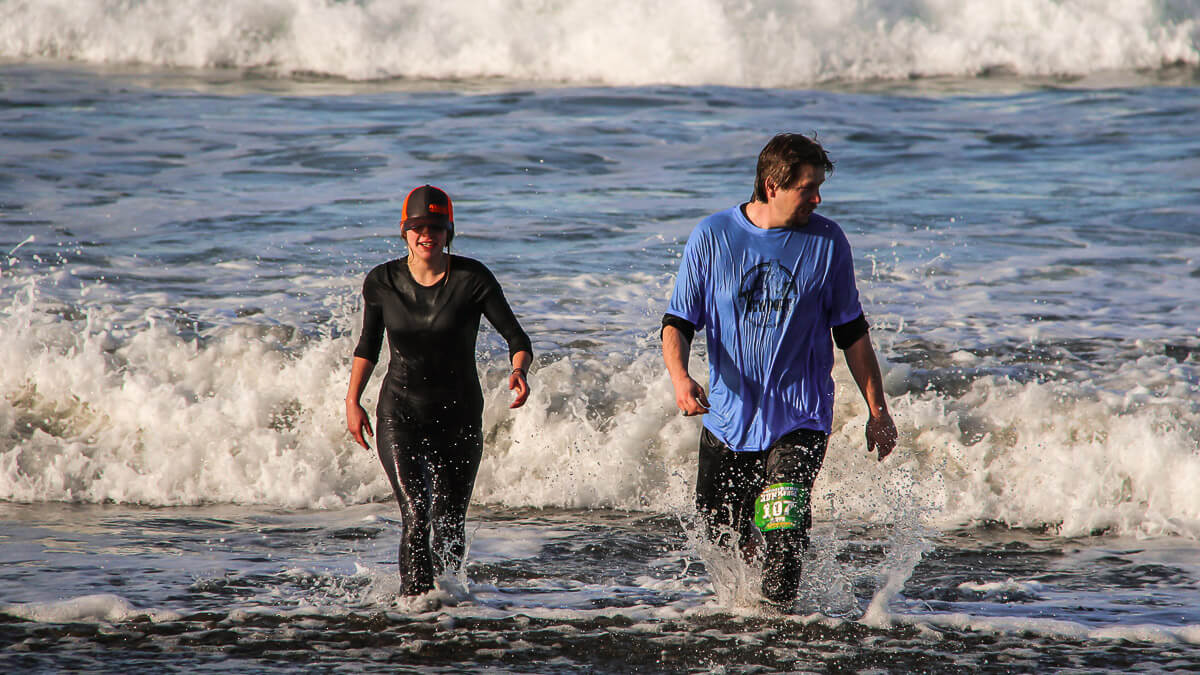 Participants plunging into the ocean.